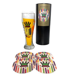 RITZENHOFF Beer Glass w Coasters LAURENCE GARTEL 2007 King Crown 1020091 EUC